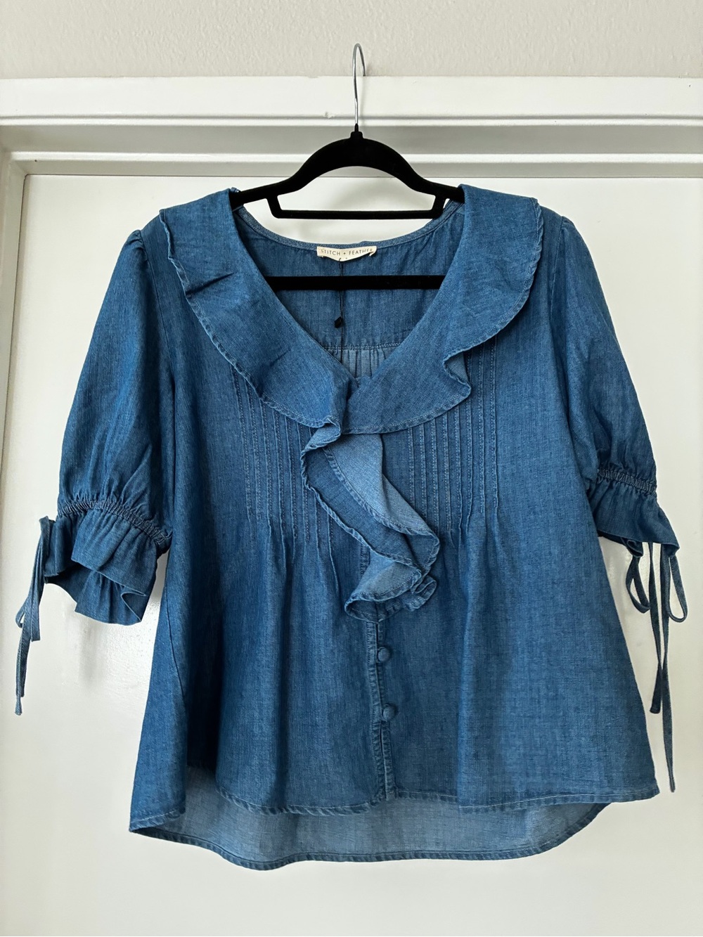 Washed Denim Ruffle-Front Blouse - Blue